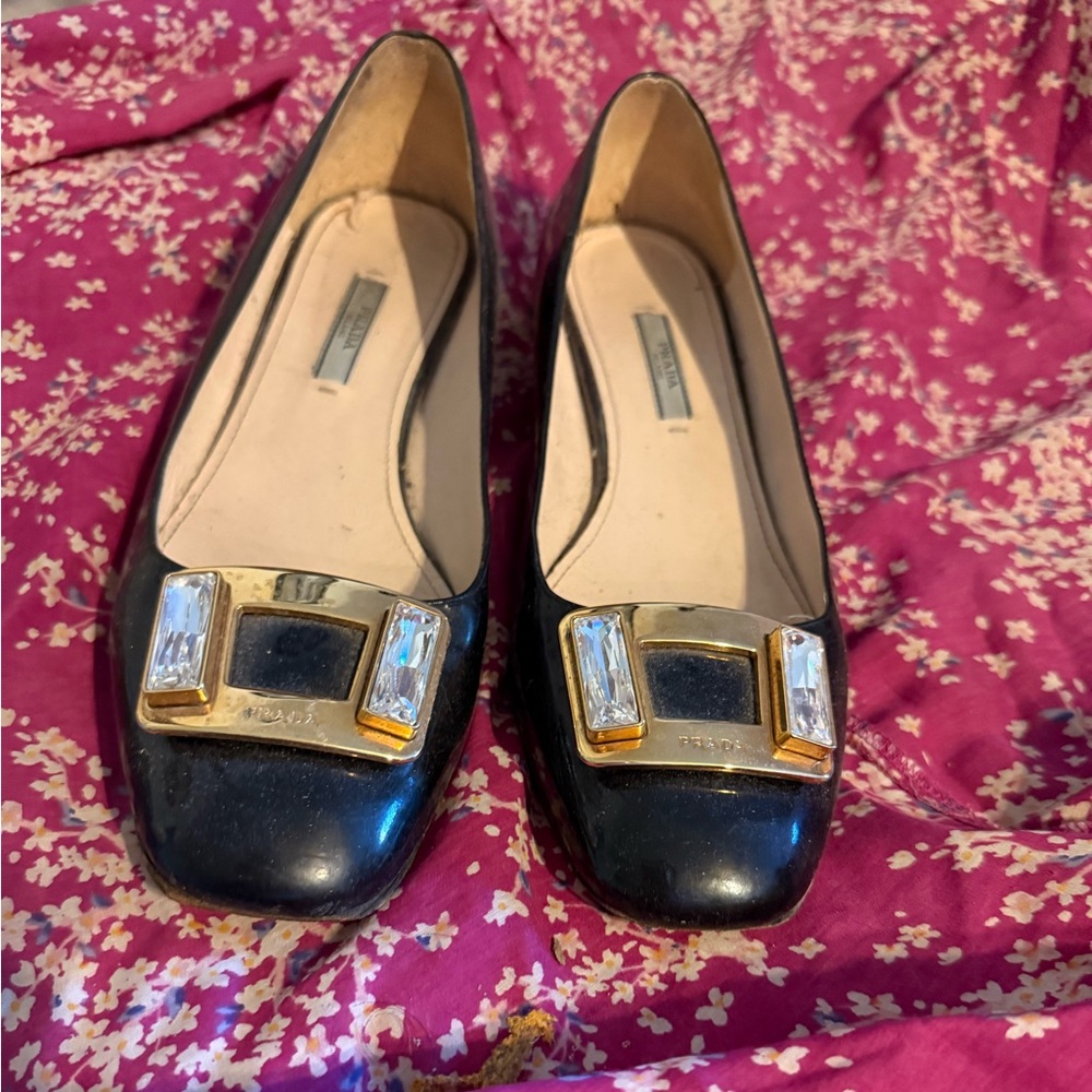 Prada Black and Gold Flats with Metallic Buckle
